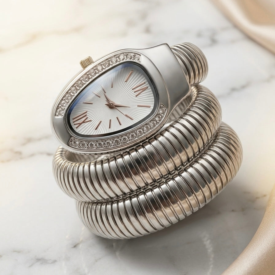Elegant Snake Coil Bracelet Watch for Women – Silver Luxury Fashion Watch