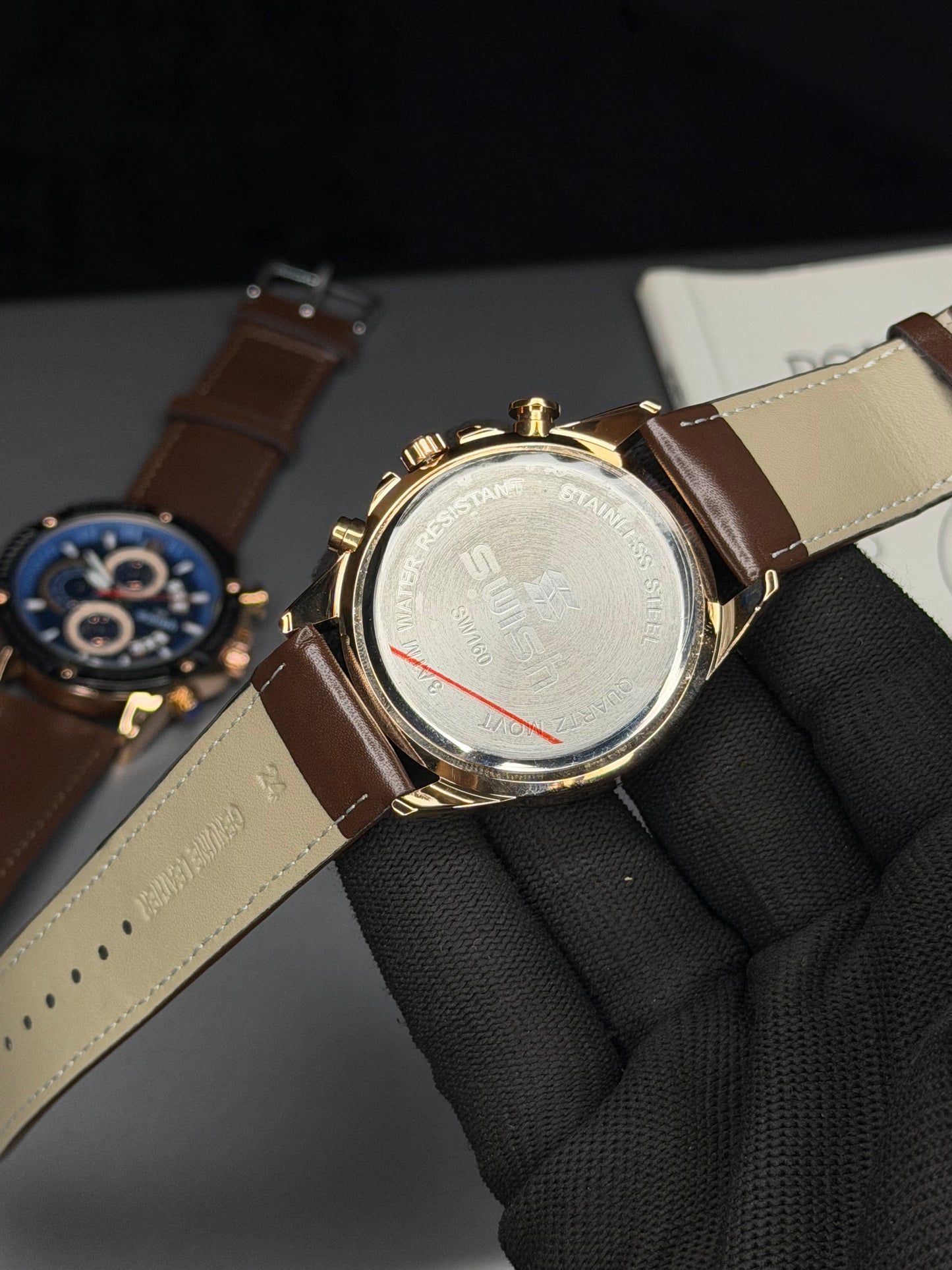 SWISH Black Dial Leather Strap Chronograph Style Watch – Brown Strap