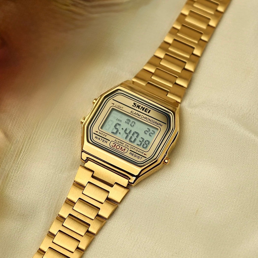 SKMEI Vintage Gold Digital Watch | Unisex Retro Stainless Steel Timepiece