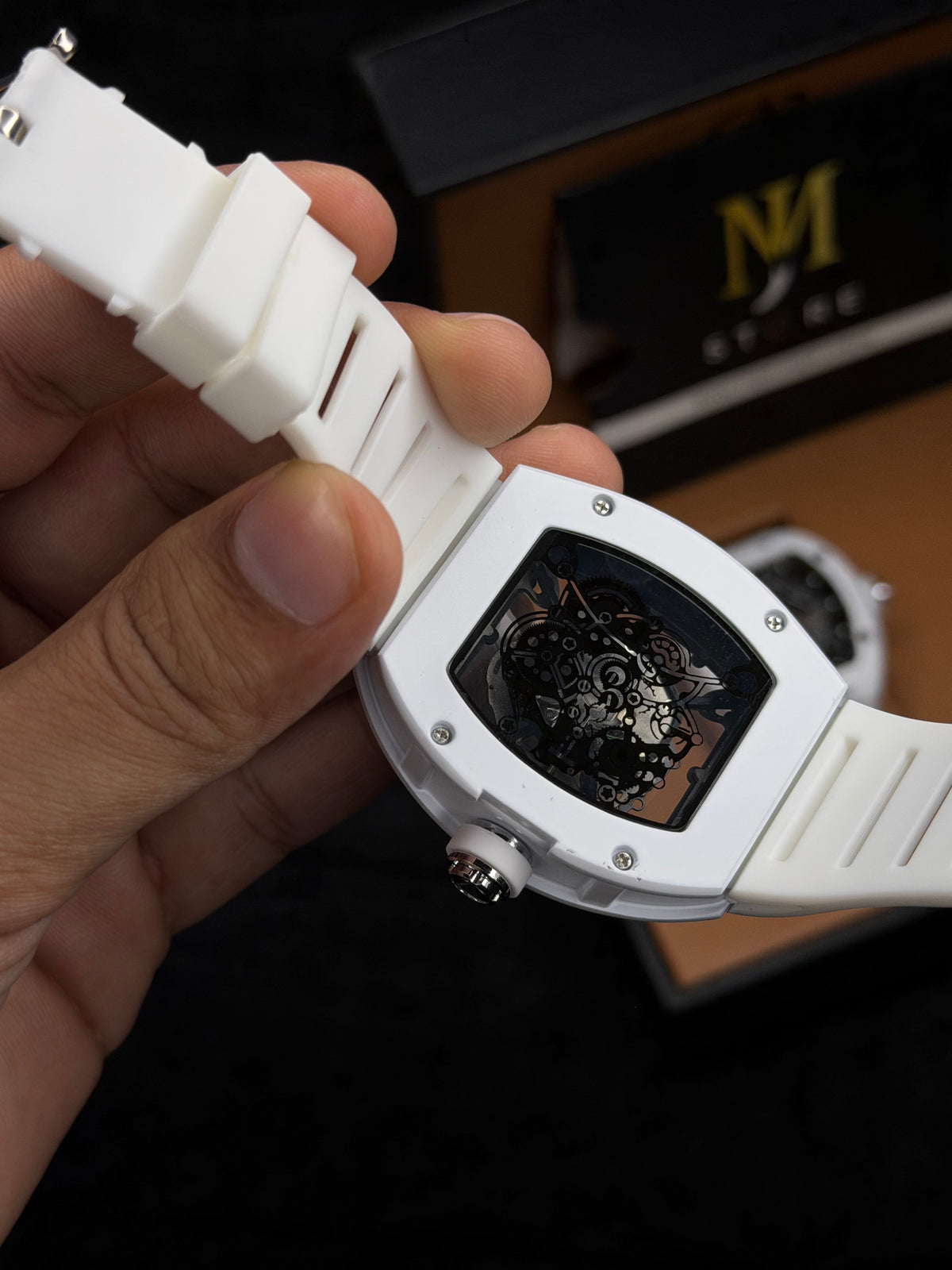 RM High Quality Skeleton Quartz Watch – White | MJ Store
