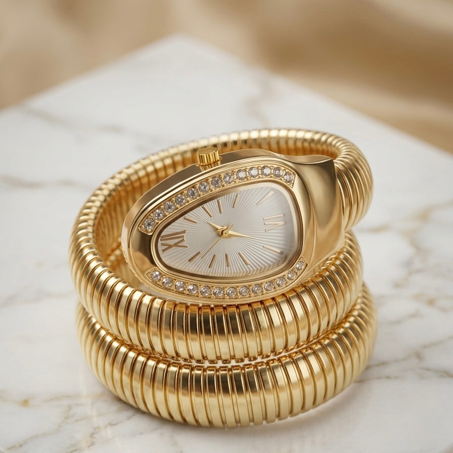 Women’s Gold Snake Wrap Bracelet Watch – Luxury Fashion Timepiece