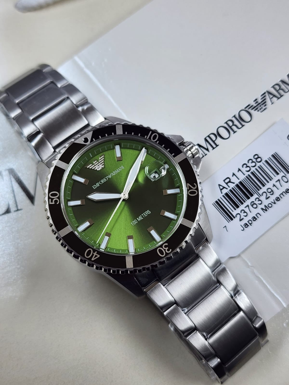 Emporio Armani AR11338 Men’s Diver Watch with Green Dial + 1-Year Warranty