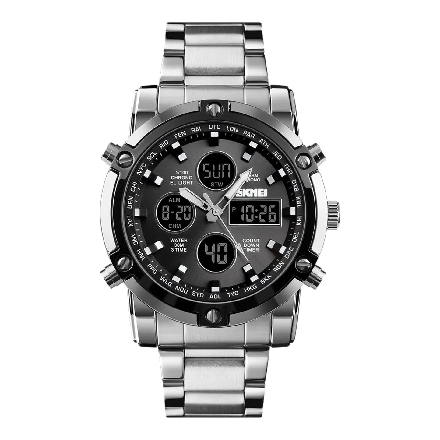 SKMEI Men's Wrist Watch Waterproof Analog Digital Chronograph LED Multi-Time Business Watch Stainless Steel
