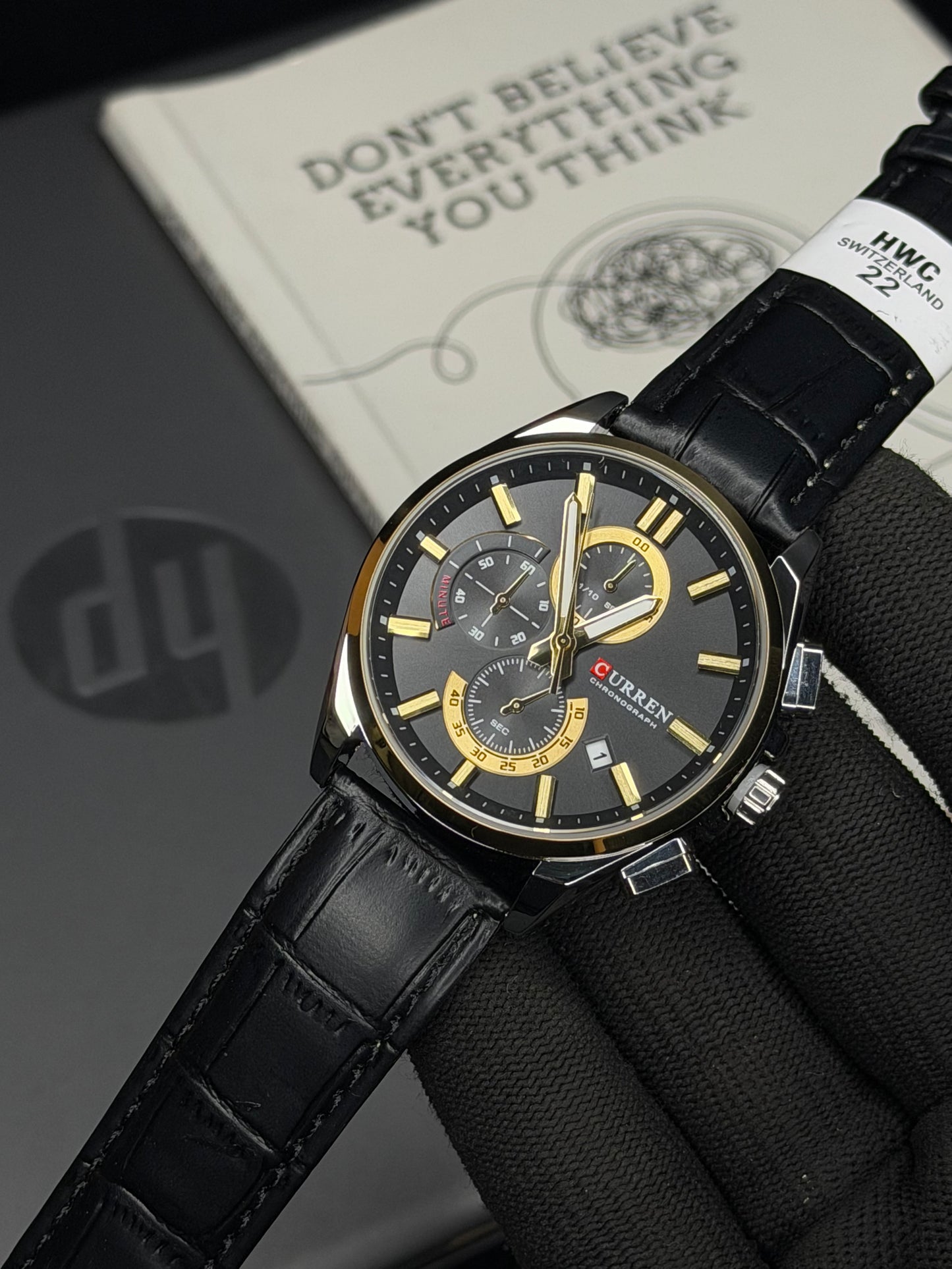 Curren Luxury Black Gold Chronograph Leather Men’s Watch