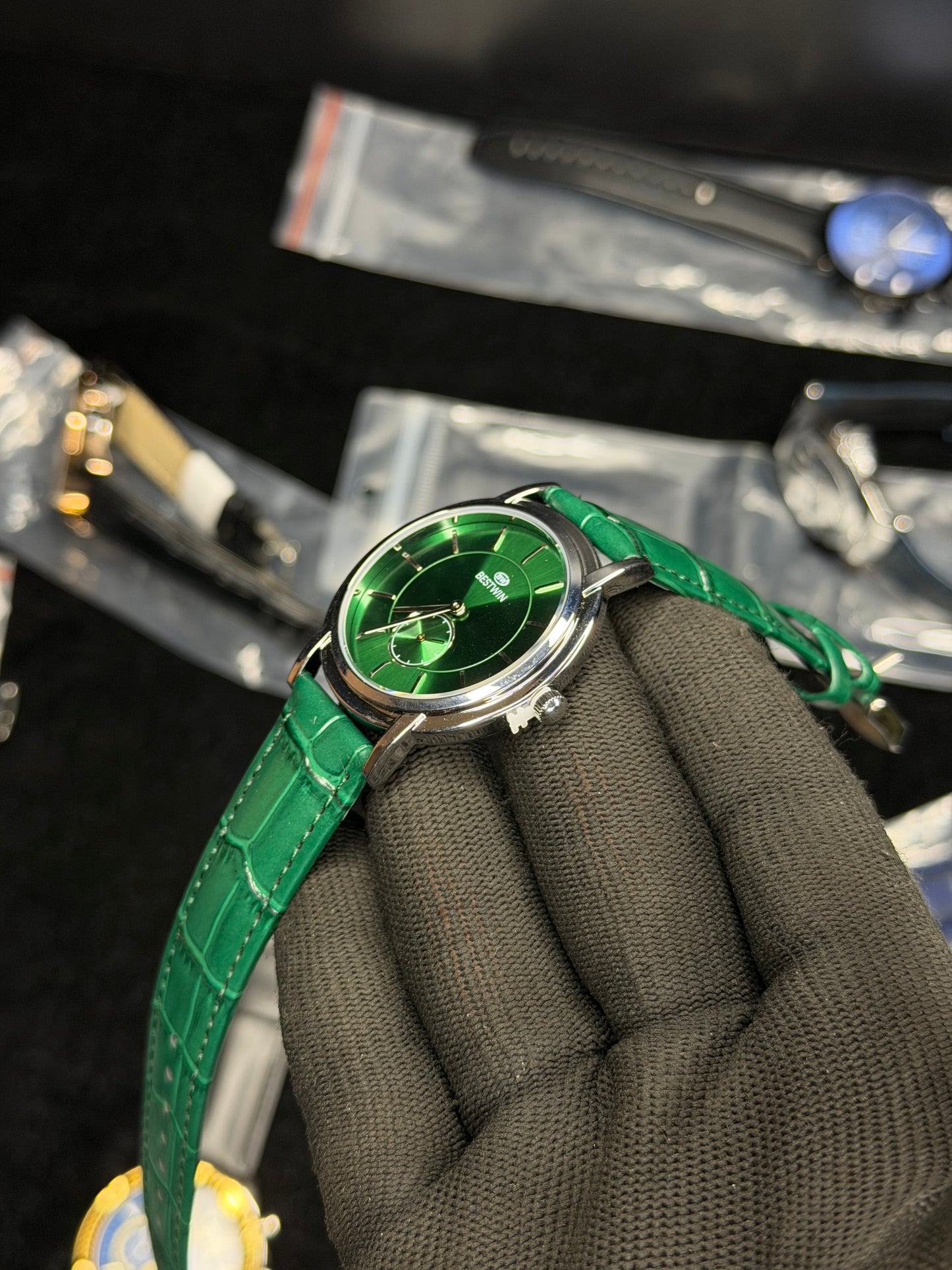 Bestwin Green Dial Leather Strap Watch – Silver Case
