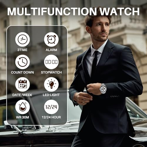 SKMEI Men's Wrist Watch Waterproof Analog Digital Chronograph LED Multi-Time Business Watch Stainless Steel