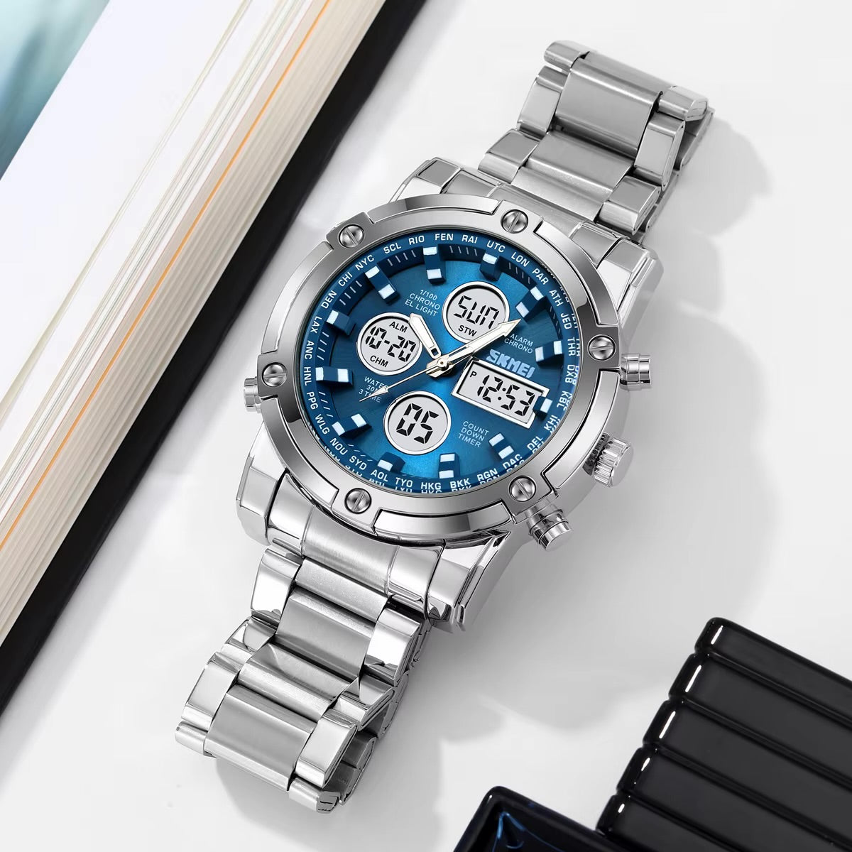 SKMEI Men's Wrist Watch Waterproof Analog Digital Chronograph LED Multi-Time Business Watch Stainless Steel