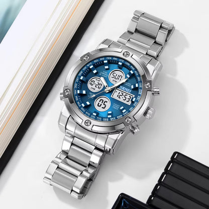 SKMEI Men's Wrist Watch Waterproof Analog Digital Chronograph LED Multi-Time Business Watch Stainless Steel