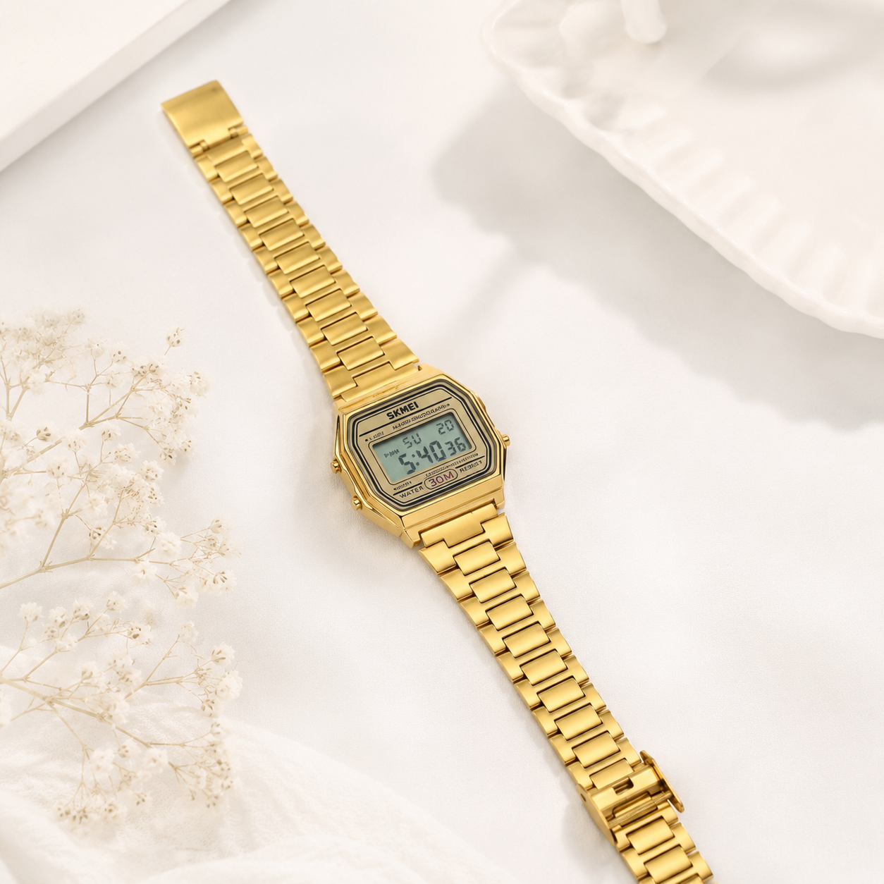 SKMEI Vintage Gold Digital Watch | Unisex Retro Stainless Steel Timepiece