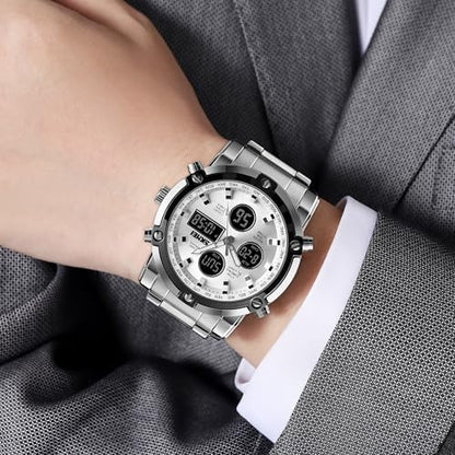 SKMEI Men's Wrist Watch Waterproof Analog Digital Chronograph LED Multi-Time Business Watch Stainless Steel