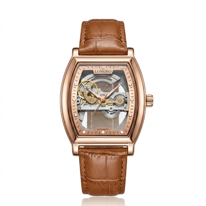 Longbo Luxury Skeleton Automatic Watch | Tonneau Case & Premium Leather Strap