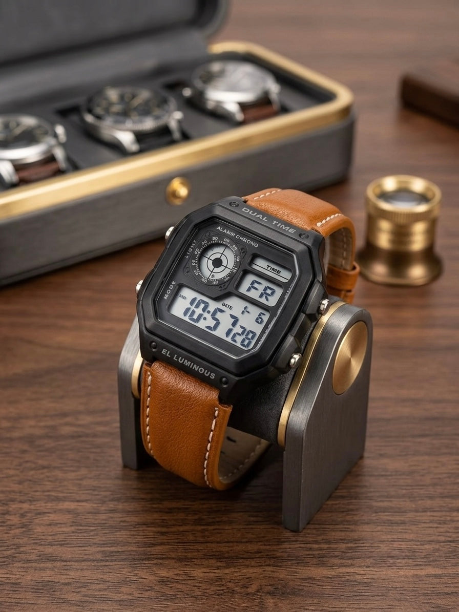 Vintage Dual Time Digital Watch for Men | Premium Leather Strap & Multifunction | MJ Store
