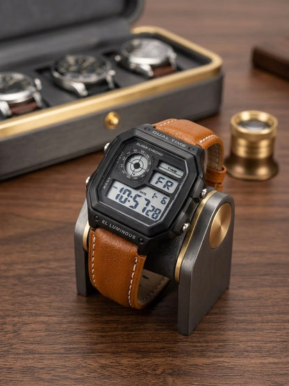 Vintage Dual Time Digital Watch for Men | Premium Leather Strap & Multifunction | MJ Store
