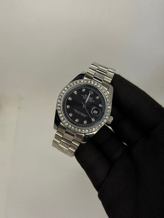 Luxury Diamond Bezel Date Watch – Black Dial Stainless Steel Men’s Watch |