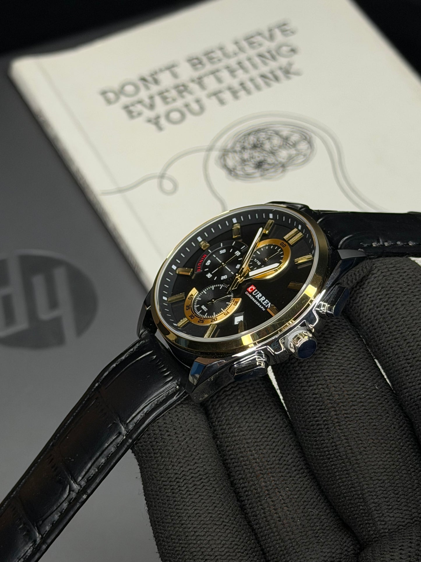 Curren Luxury Black Gold Chronograph Leather Men’s Watch