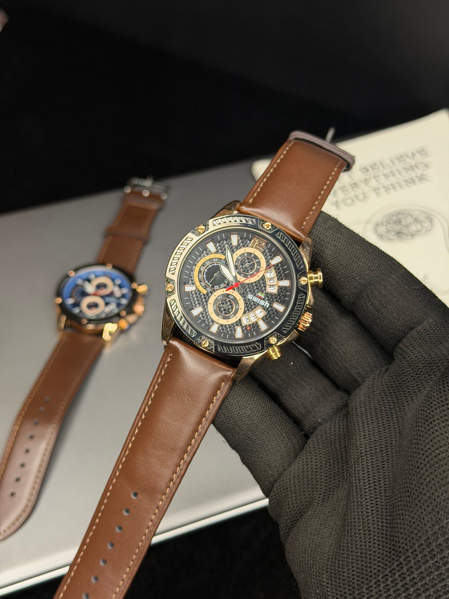 SWISH Black Dial Leather Strap Chronograph Style Watch – Brown Strap
