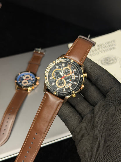 SWISH Black Dial Leather Strap Chronograph Style Watch – Brown Strap