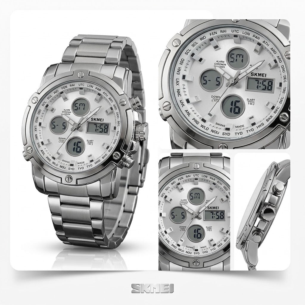 SKMEI Men's Wrist Watch Waterproof Analog Digital Chronograph LED Multi-Time Business Watch Stainless Steel