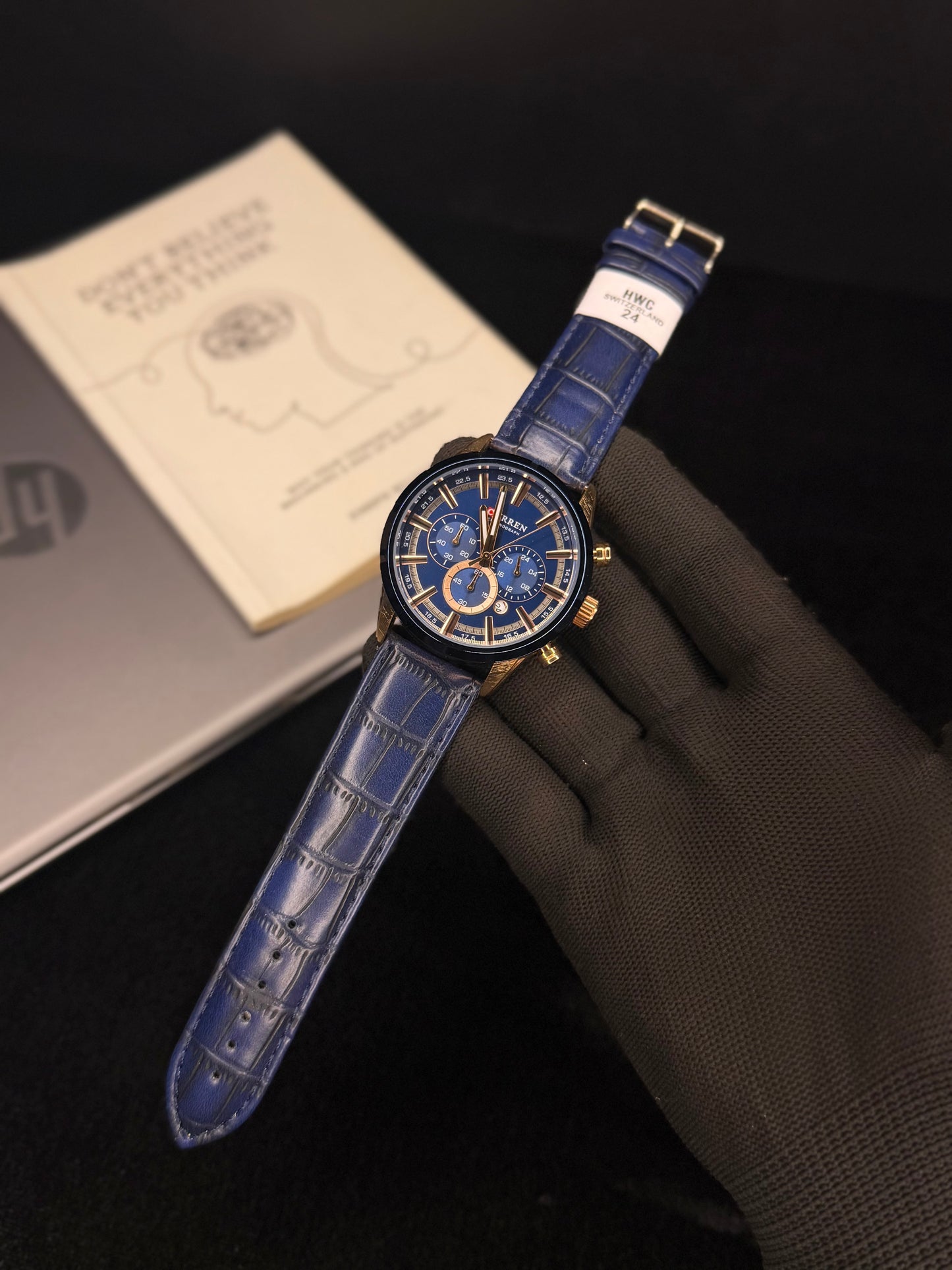 Curren Luxury Blue Chronograph Leather Strap Men’s Watch – Gold Tone Case