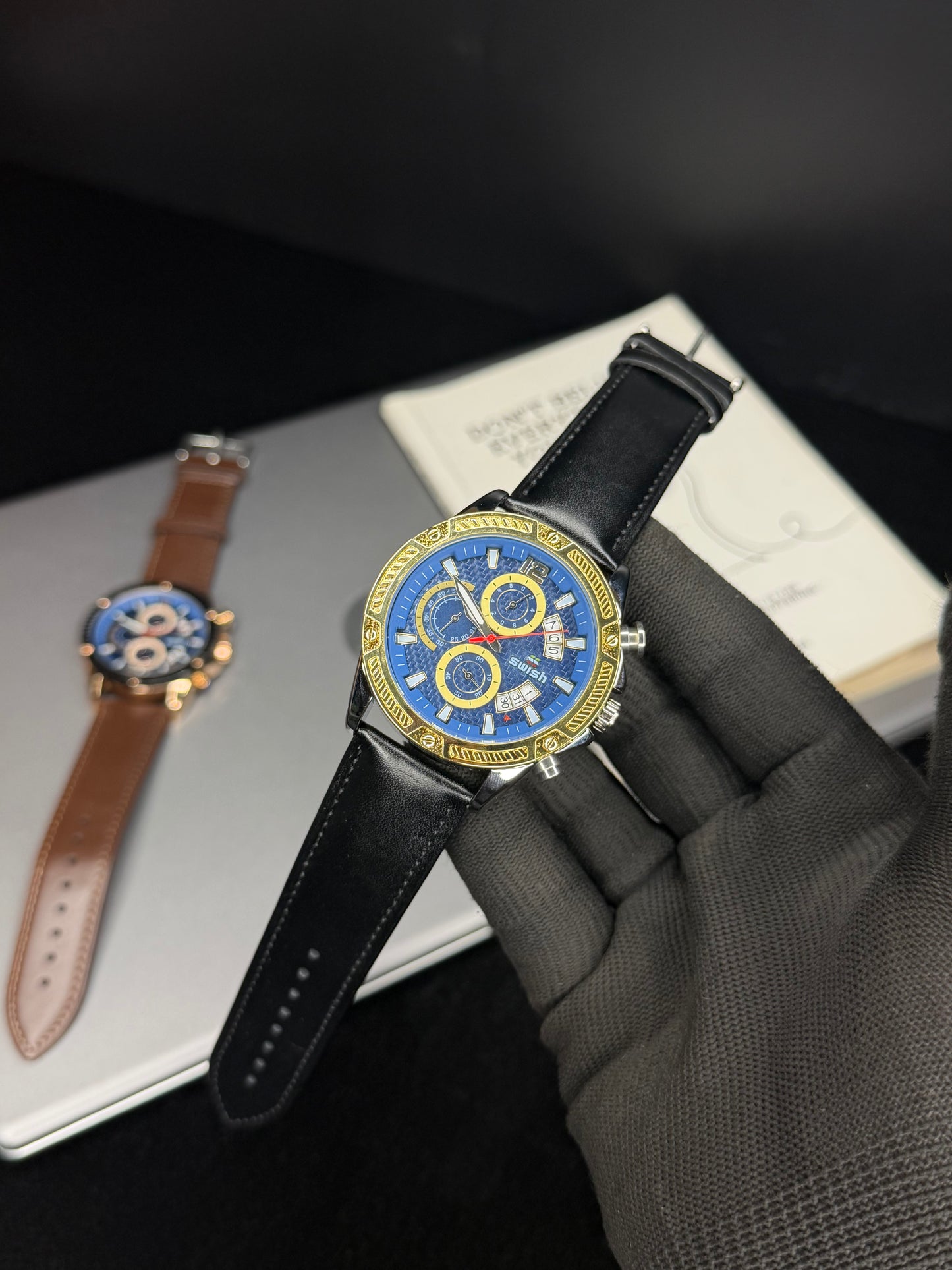 SWISH Blue Dial Leather Strap Chronograph Style Watch – Black Strap