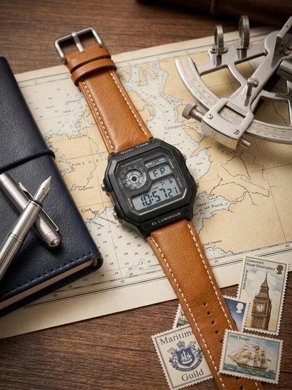 Vintage Dual Time Digital Watch for Men | Premium Leather Strap & Multifunction | MJ Store
