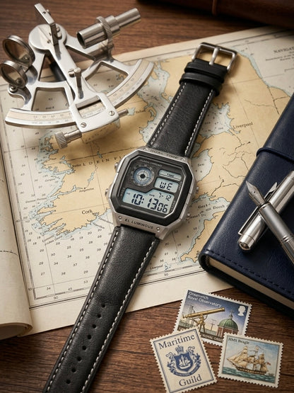 Vintage Dual Time Digital Watch for Men | Premium Leather Strap & Multifunction | MJ Store