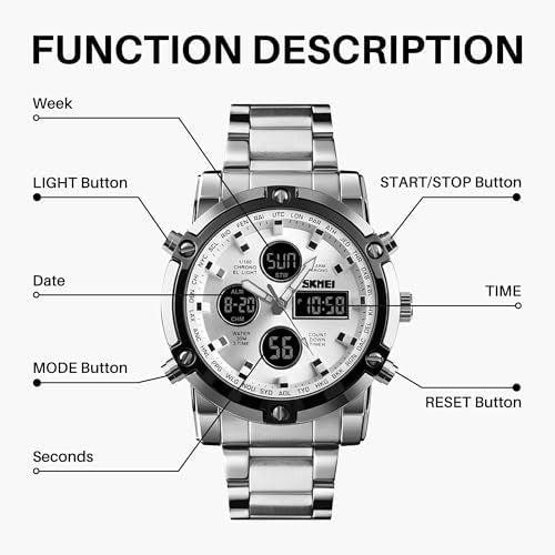 SKMEI Men's Wrist Watch Waterproof Analog Digital Chronograph LED Multi-Time Business Watch Stainless Steel