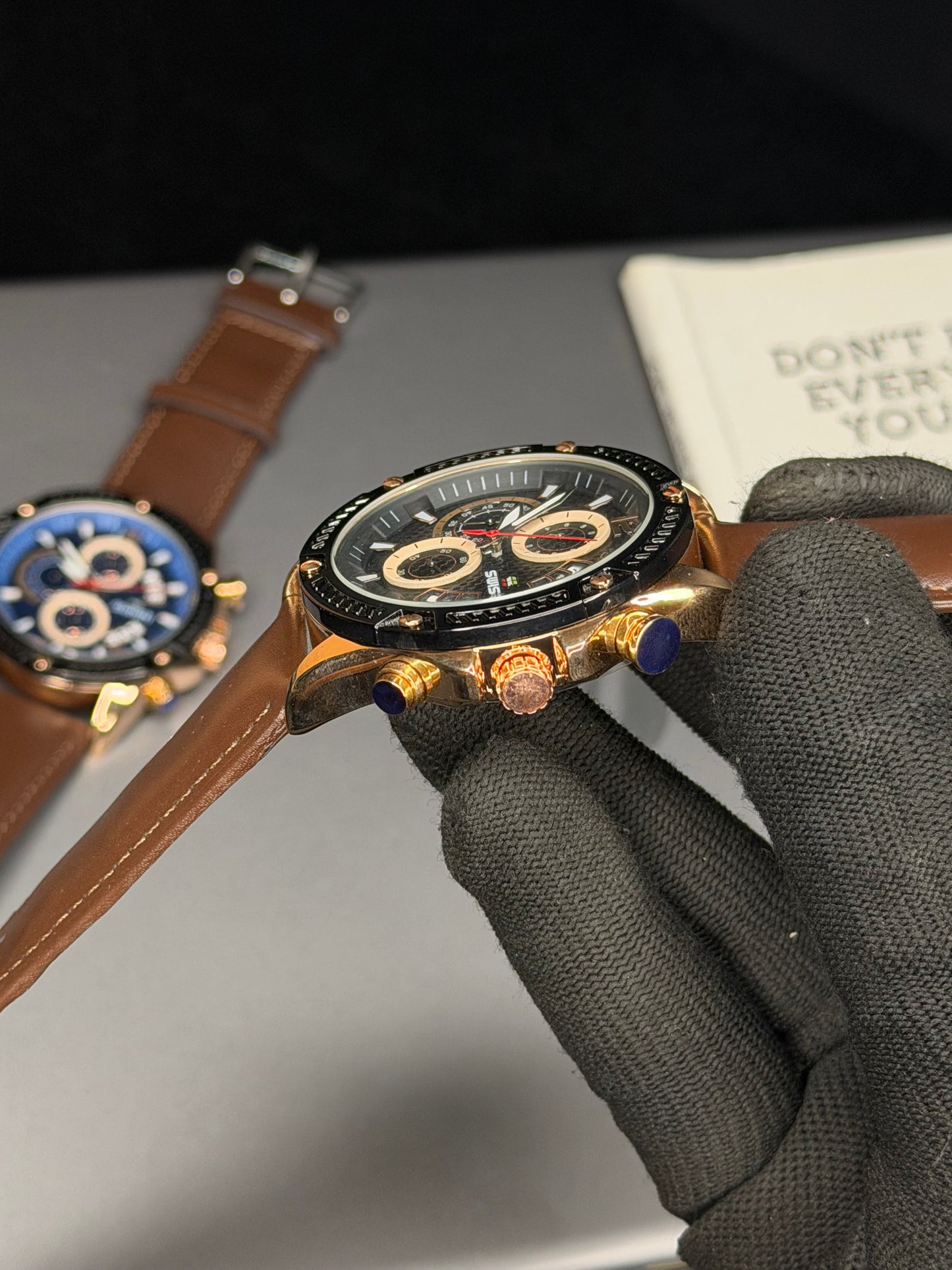 SWISH Black Dial Leather Strap Chronograph Style Watch – Brown Strap