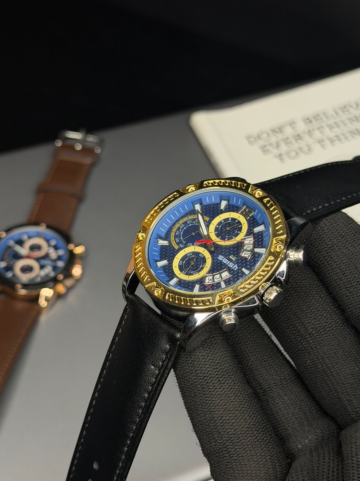 SWISH Blue Dial Leather Strap Chronograph Style Watch – Black Strap