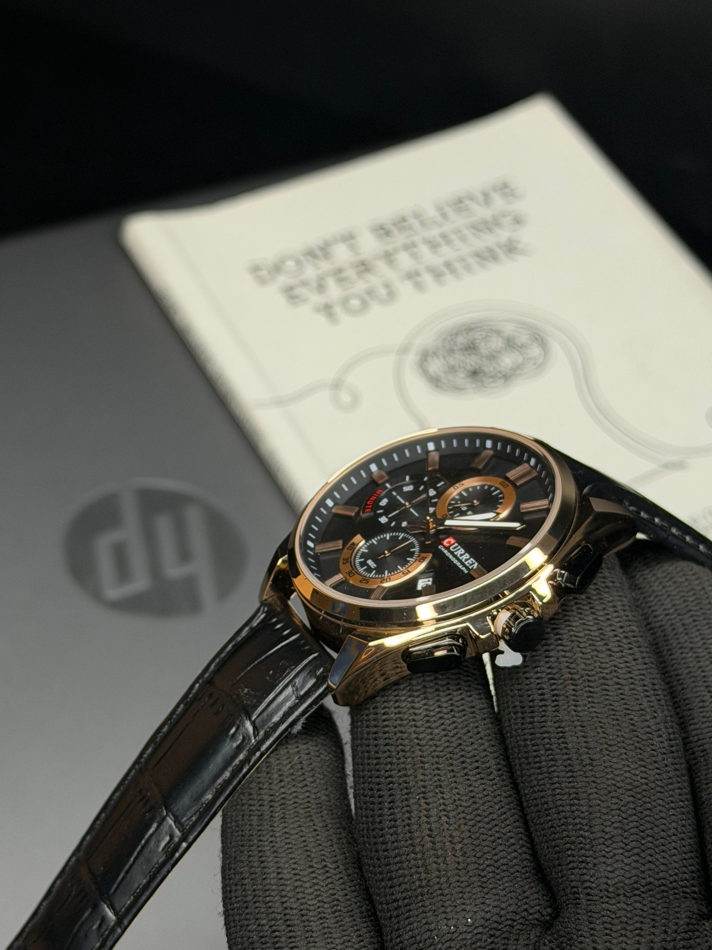 Curren Luxury Black Rose Gold Leather Chronograph Men’s Watch