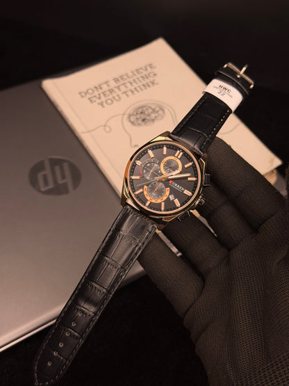 Curren Luxury Black Rose Gold Leather Chronograph Men’s Watch