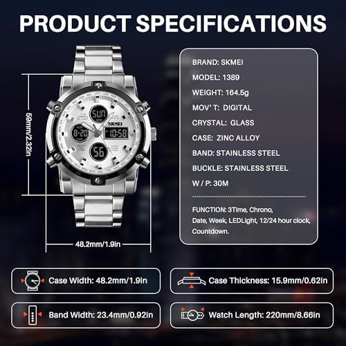 SKMEI Men's Wrist Watch Waterproof Analog Digital Chronograph LED Multi-Time Business Watch Stainless Steel