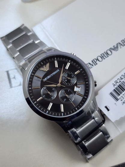 EMPORIO ARMANI Classic Silver Stainless Steel Black Dial Chronograph Quartz Watch for Gents - AR2434