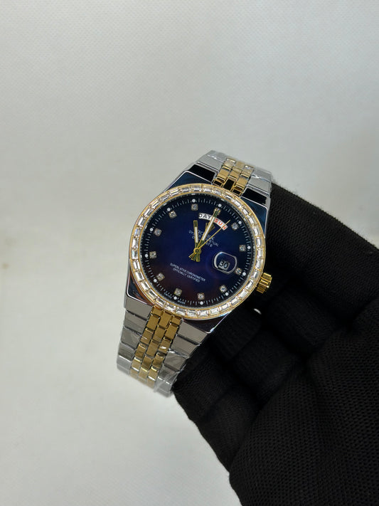 Luxury Day-Date Diamond Bezel Blue Dial Two Tone Stainless Steel Men’s Watch