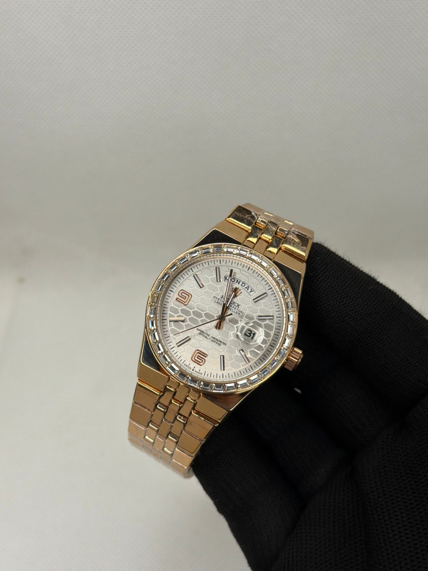 Luxury Day-Date Diamond Bezel Rose Gold Stainless Steel Men’s Watch