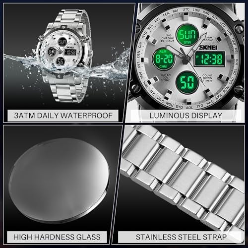 SKMEI Men's Wrist Watch Waterproof Analog Digital Chronograph LED Multi-Time Business Watch Stainless Steel