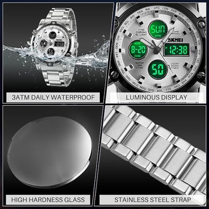 SKMEI Men's Wrist Watch Waterproof Analog Digital Chronograph LED Multi-Time Business Watch Stainless Steel