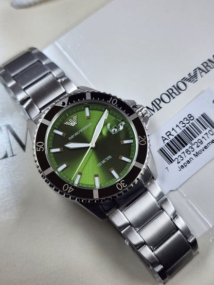 Emporio Armani AR11338 Men’s Diver Watch with Green Dial + 1-Year Warranty