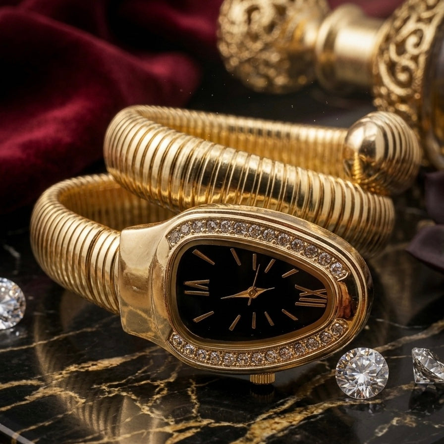 Women’s Gold-Black Snake Wrap Bracelet Watch – Luxury Fashion Timepiece