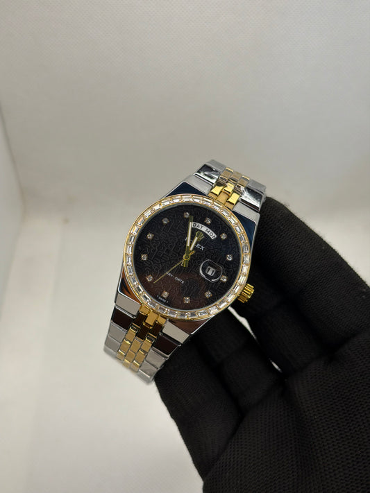 Luxury Day-Date Diamond Bezel Black Dial Two Tone Stainless Steel Men’s Watch