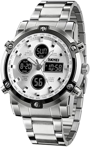 SKMEI Men's Wrist Watch Waterproof Analog Digital Chronograph LED Multi-Time Business Watch Stainless Steel