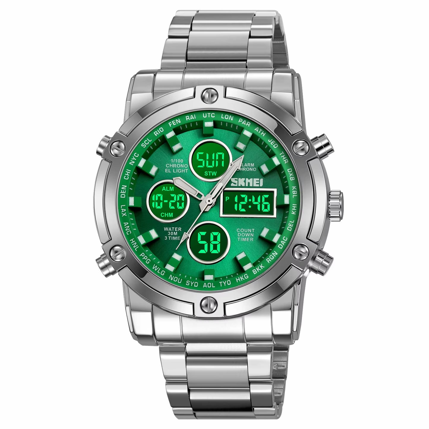 SKMEI Men's Wrist Watch Waterproof Analog Digital Chronograph LED Multi-Time Business Watch Stainless Steel