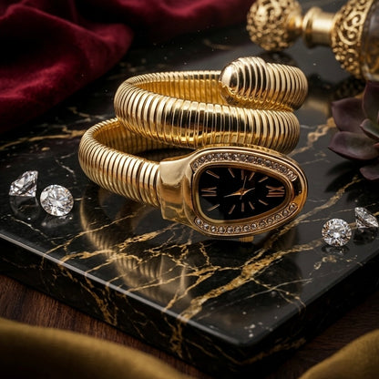 Women’s Gold-Black Snake Wrap Bracelet Watch – Luxury Fashion Timepiece