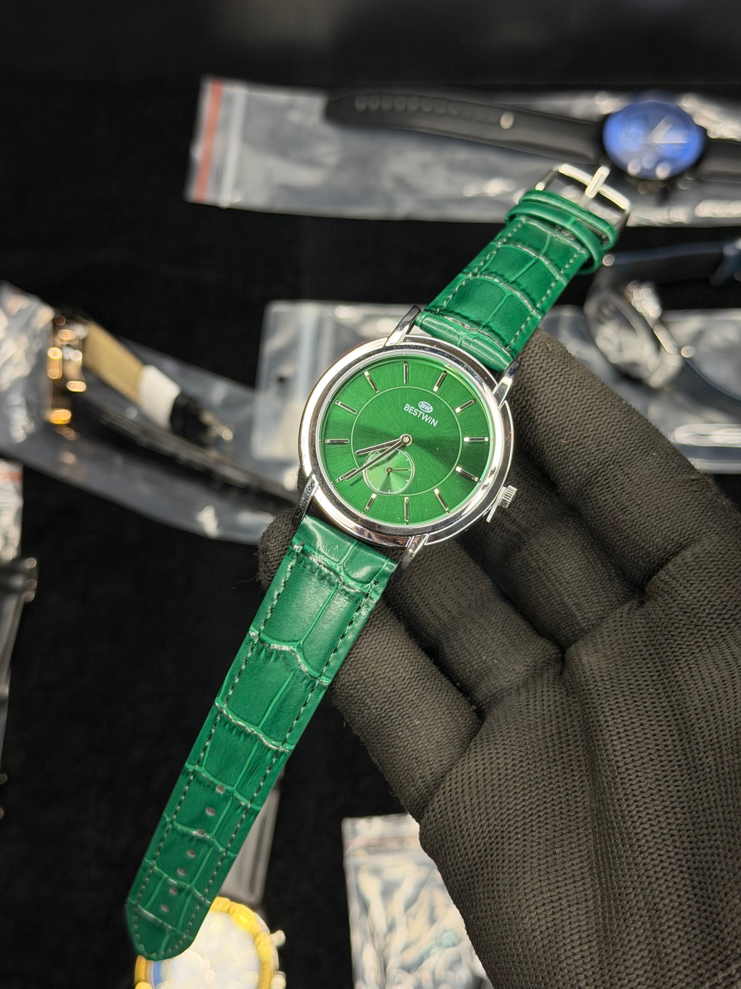 Bestwin Green Dial Leather Strap Watch – Silver Case