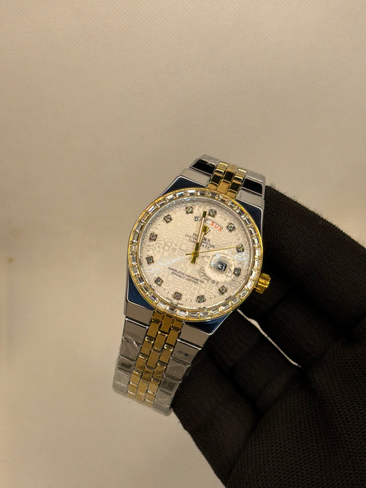 Luxury Day-Date Diamond Bezel White Pattern Dial Two Tone Stainless Steel Men’s Watch