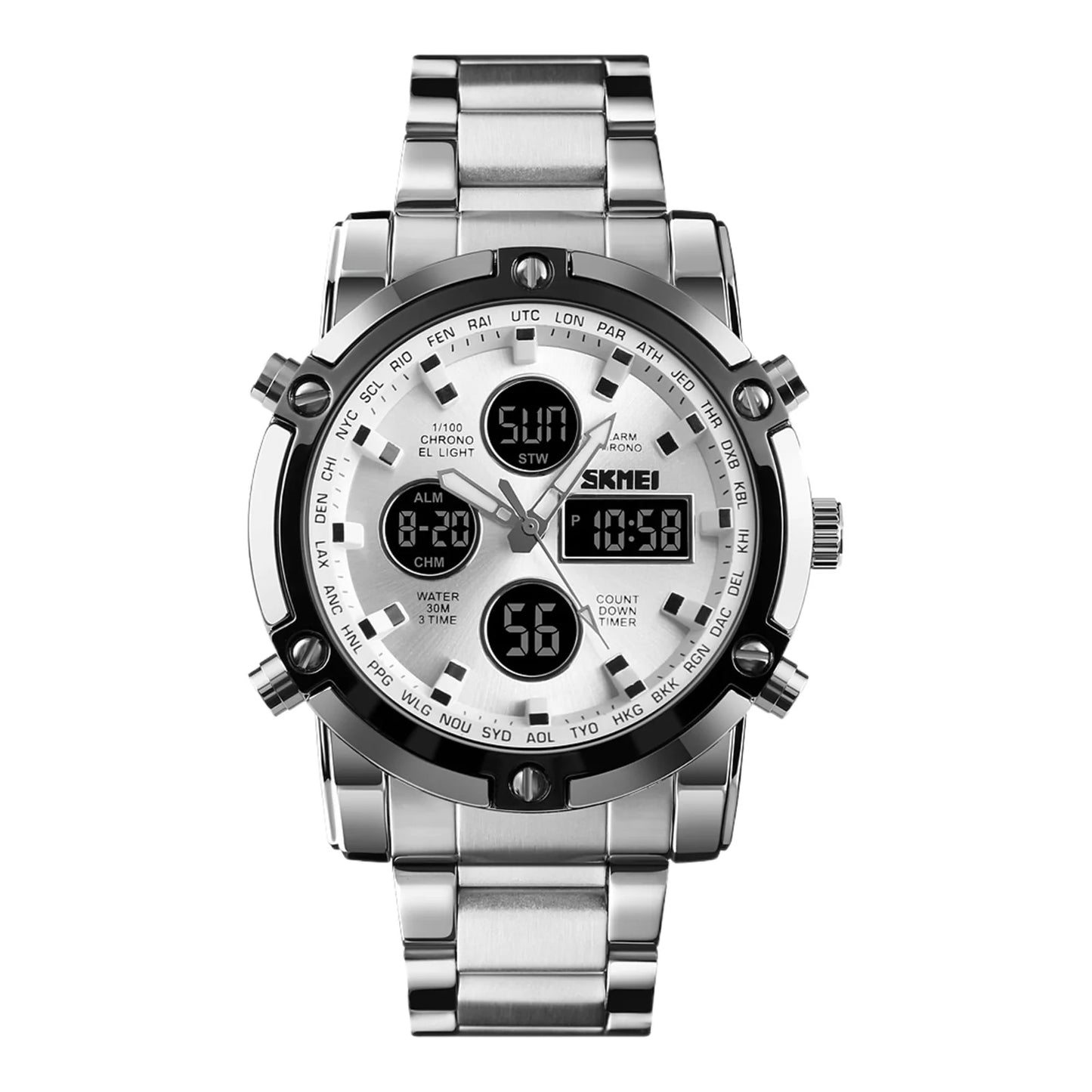 SKMEI Men's Wrist Watch Waterproof Analog Digital Chronograph LED Multi-Time Business Watch Stainless Steel