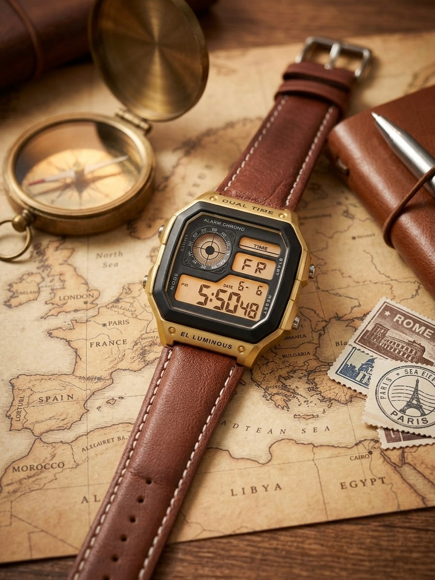 Vintage Dual Time Digital Watch for Men | Premium Leather Strap & Multifunction | MJ Store