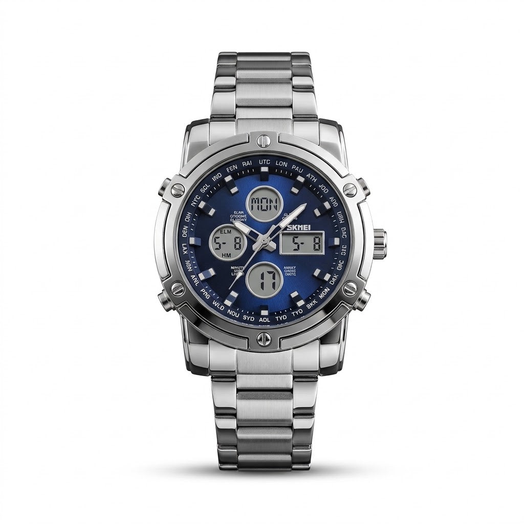 SKMEI Men's Wrist Watch Waterproof Analog Digital Chronograph LED Multi-Time Business Watch Stainless Steel