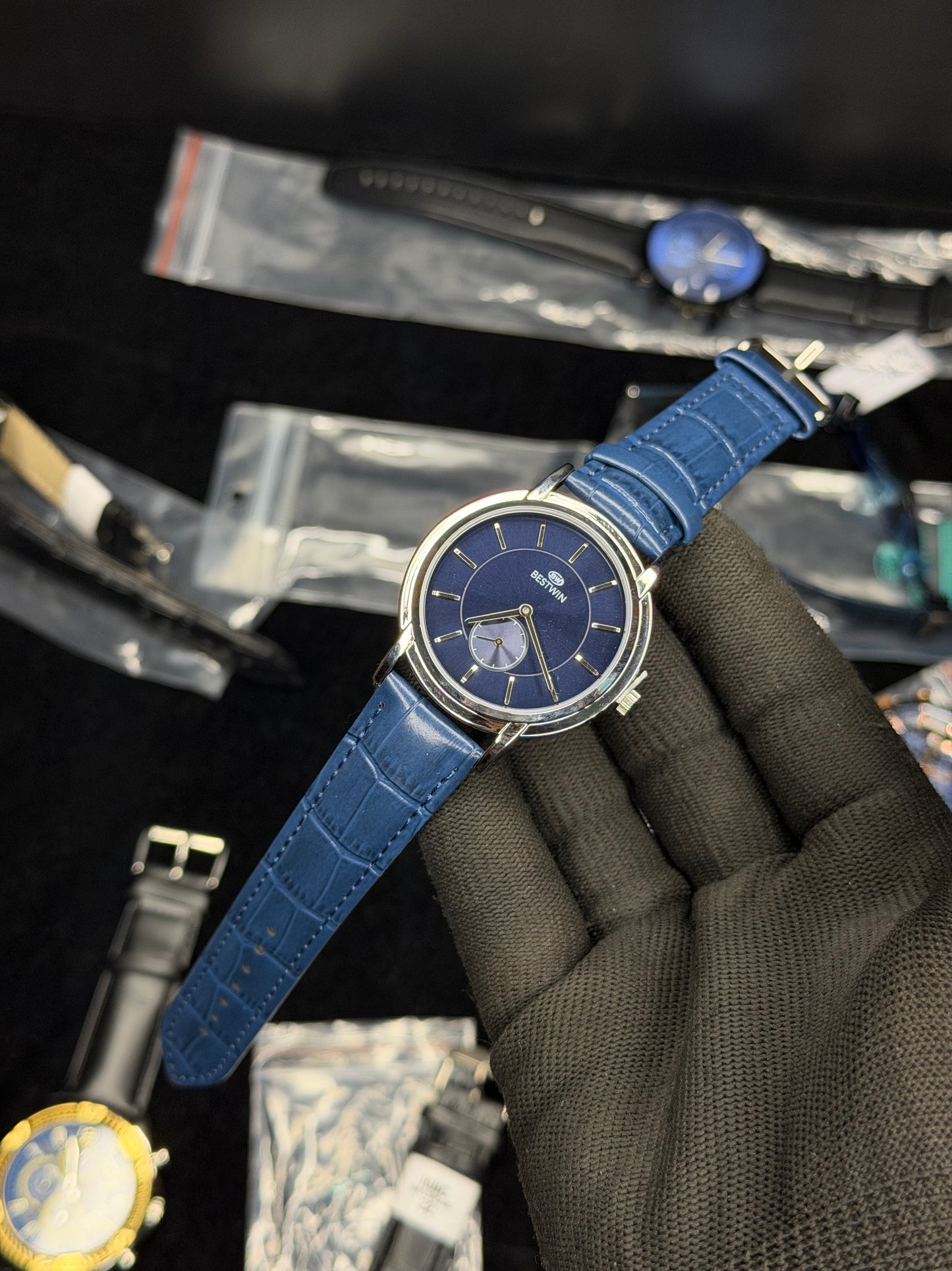 Bestwin Blue Dial Leather Strap Watch – Silver Case