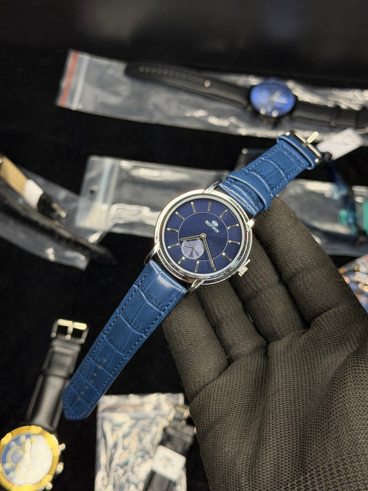 Bestwin Blue Dial Leather Strap Watch – Silver Case